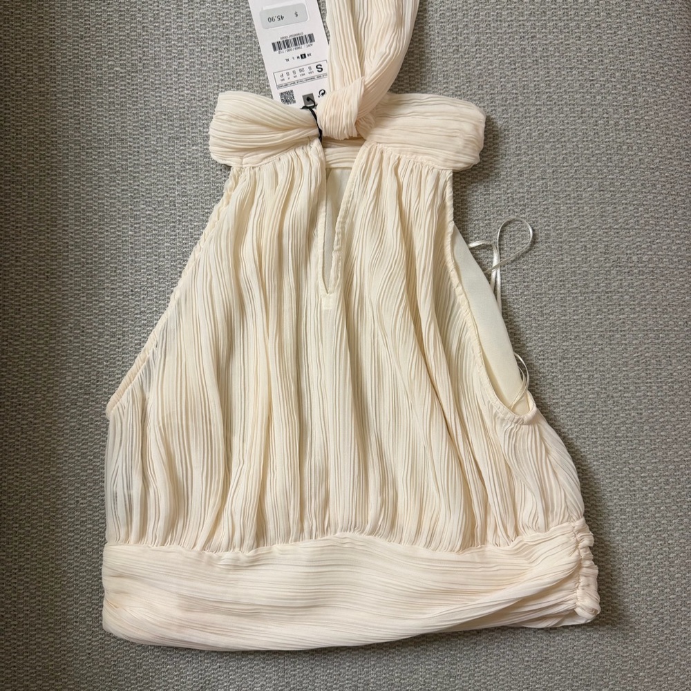 NWT ZARA Pleated Halter Cropped Tank Top in Light Cream - Picture 2 of 3